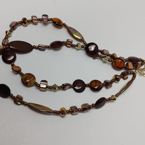2/$30 Brown Glass Bronze Tone Pearls Necklace Beads Boho Retro Vintage doble 20" - Picture 6 of 8